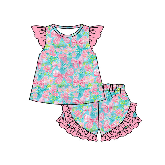 GSSO2039Pink flutter sleeves bow floral top ruffle shorts girls clothes