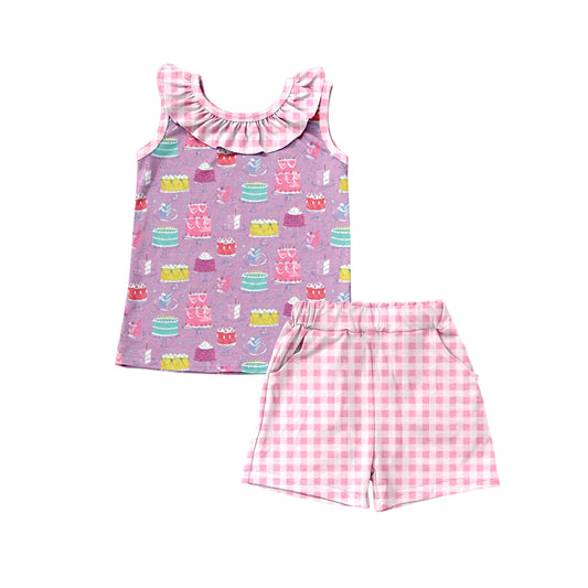 GSSO2040Sleeveless cake top plaid shorts happy birthday girls clothes