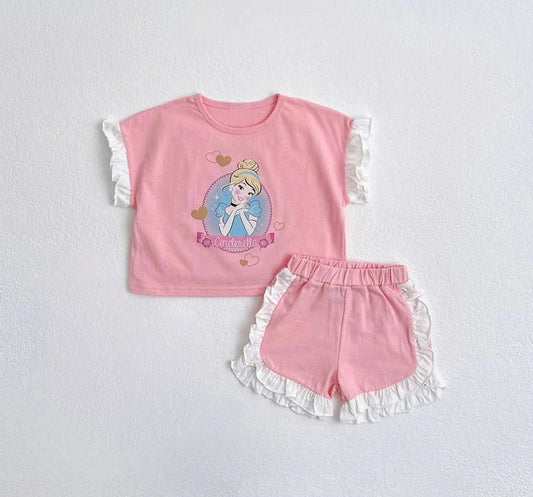 GSSO2041Lace ruffle pink princess short sleeves top shorts girls clothes