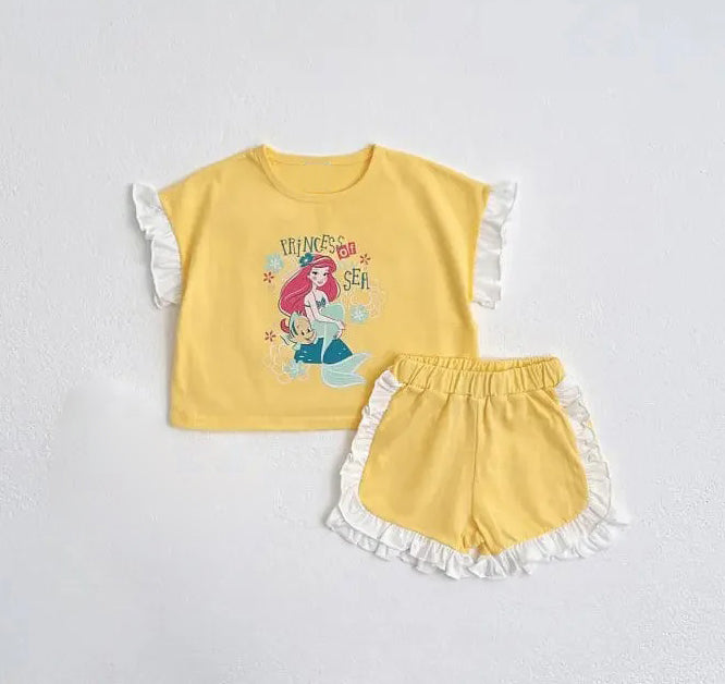 GSSO2042Lace ruffle yellow princess short sleeves top shorts girls clothes