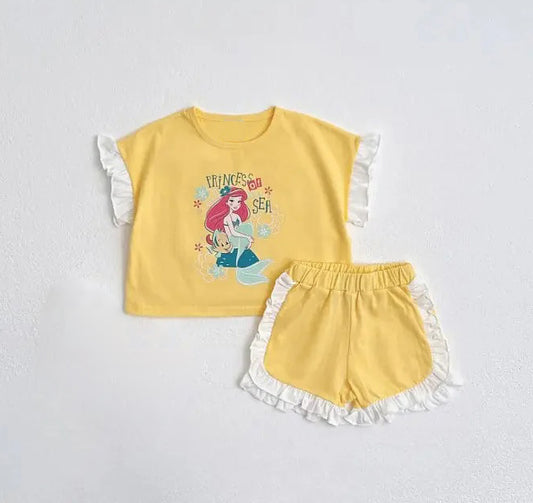 GSSO2042Lace ruffle yellow princess short sleeves top shorts girls clothes
