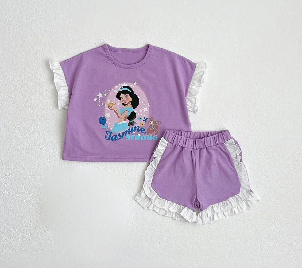 GSSO2043Lace ruffle purple princess short sleeves top shorts girls clothes