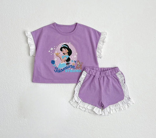 GSSO2043Lace ruffle purple princess short sleeves top shorts girls clothes