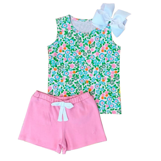 GSSO2047Sleeveless green floral top pink shorts girls clothing set