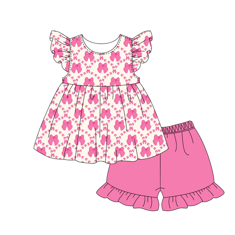 Flutter sleeves bow tunic ruffle shorts girls clothing