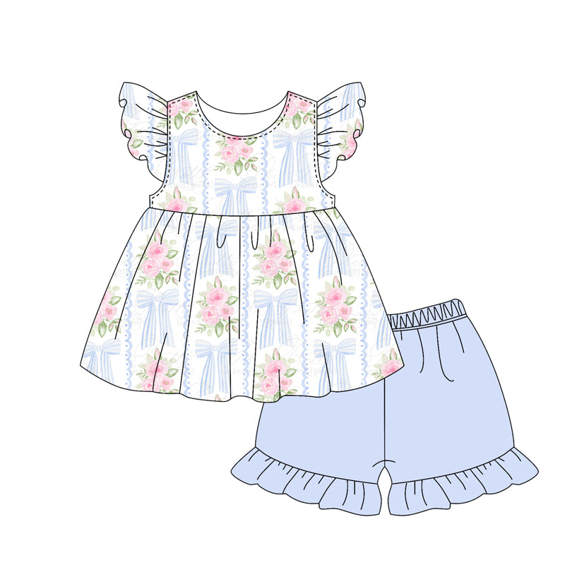 Flutter sleeves bow tunic ruffle shorts girls clothing