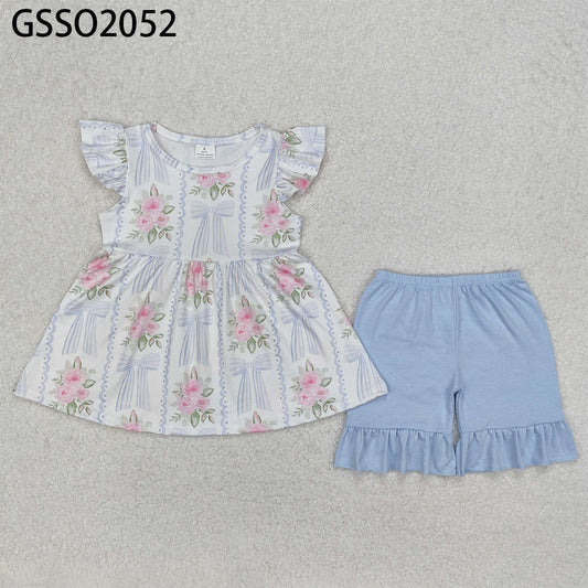 GSSO2052New Rts No Moq 8-9 Days By Air Arrived it Floral light blue bow tunic ruffle shorts girls clothes