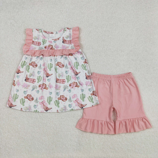 GSSO2066Girls Western Clothing Set with Pink Ruffle Cactus Boots And Hat Country Chic Outfit for Kids