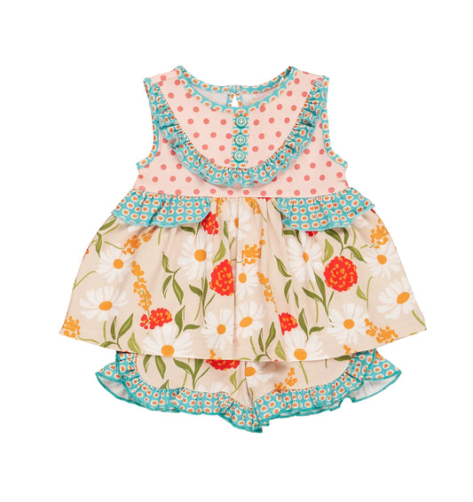 GSSO2067Baby Girls Summer Polka Dots Flowers Tunic Ruffle Shorts Sets