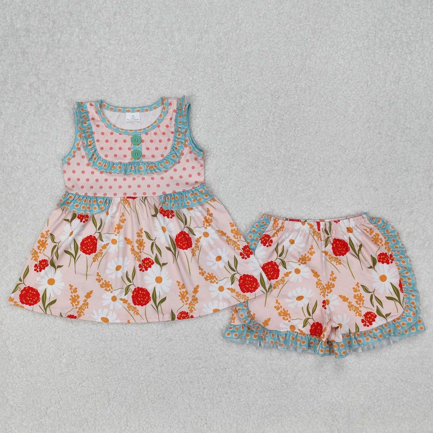 GSSO2067Girls Sleeveless Polka Dots Floral Tunic Ruffle Shorts Outfit Cute Summer Clothing Set for Kids