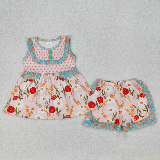 GSSO2067Girls Sleeveless Polka Dots Floral Tunic Ruffle Shorts Outfit Cute Summer Clothing Set for Kids