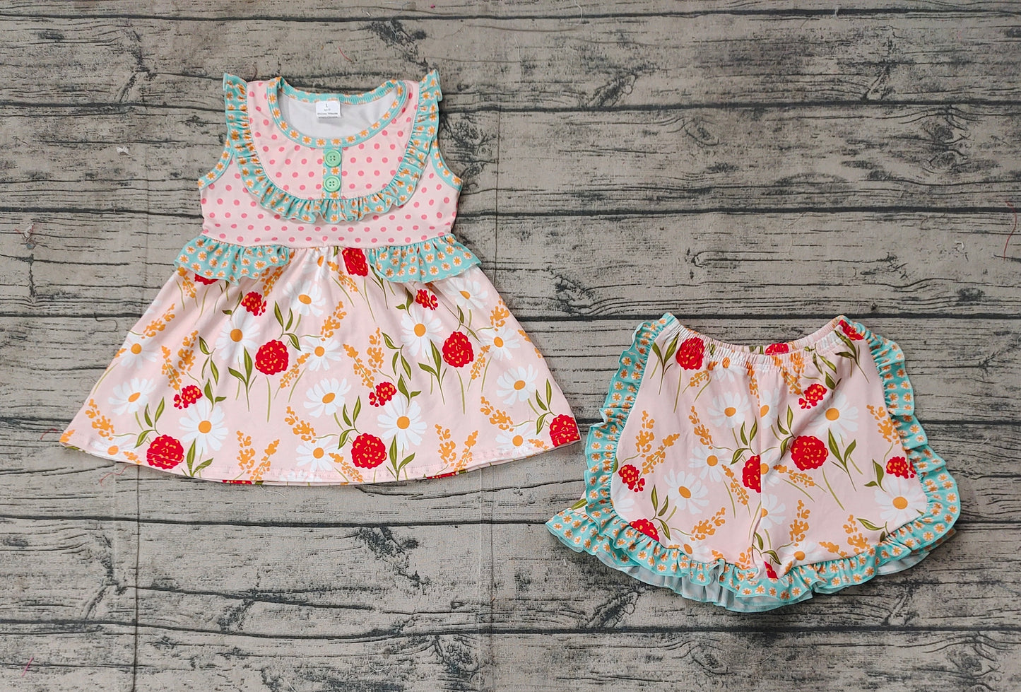 GSSO2067Cute Sleeveless Floral-Polka Dots Ruffle Tunic Shorts for Girls