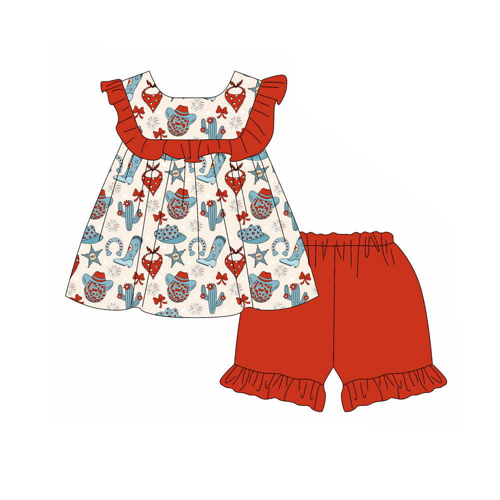 Baby Girls 4th Of July Hats Cactus Tunic Ruffle Shorts Sets