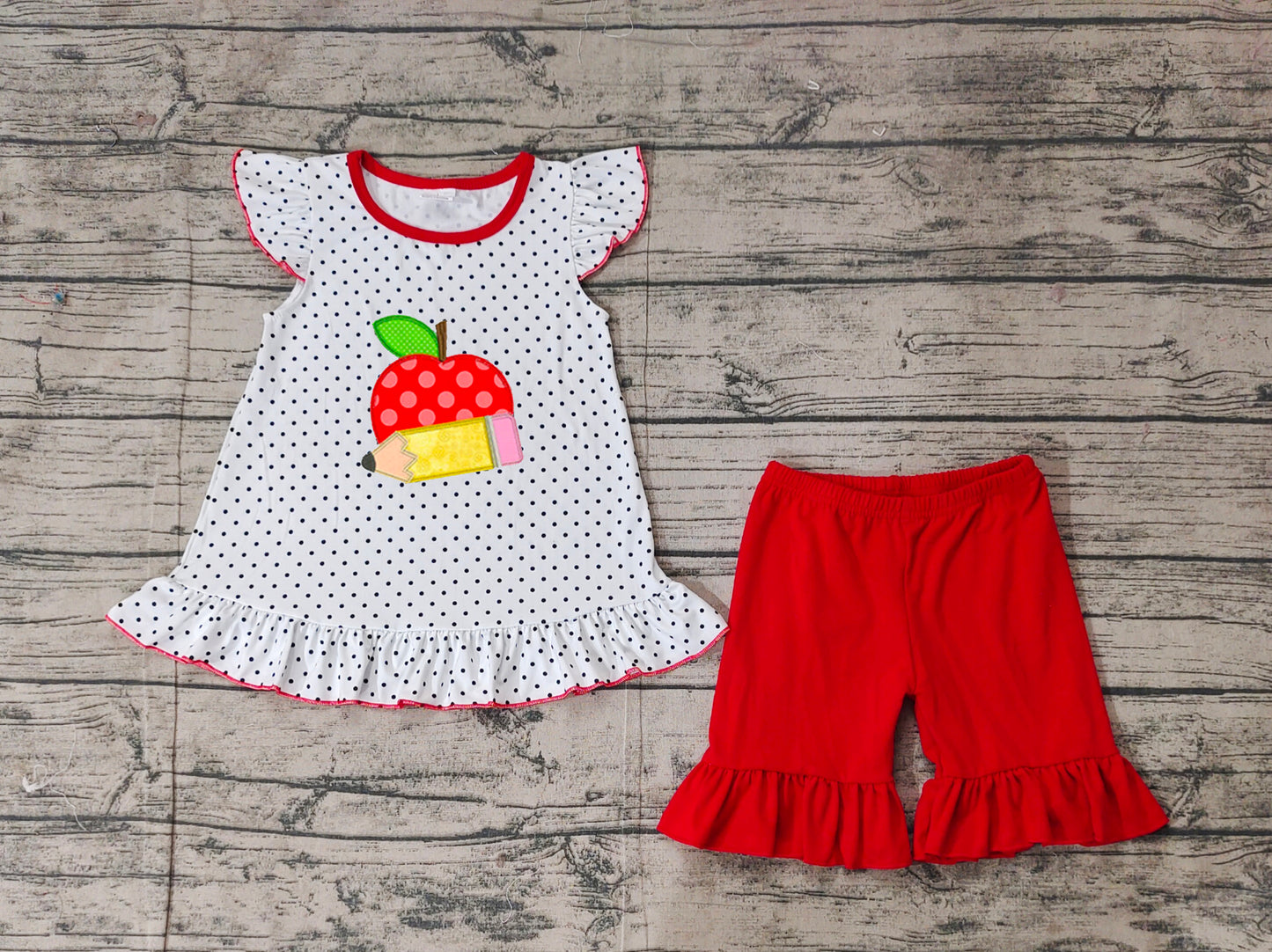 GSSO2071Girls Back to School Outfits Polka Dots Apple Pencil Pattern Cute Casual Clothing for Elementary School Girls