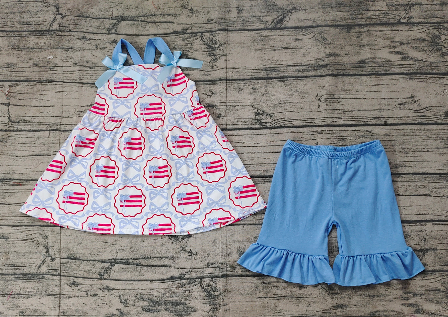 GSSO2074Girls’ Charming Blue Straps Bow Flag-themed 4th of July Dresses