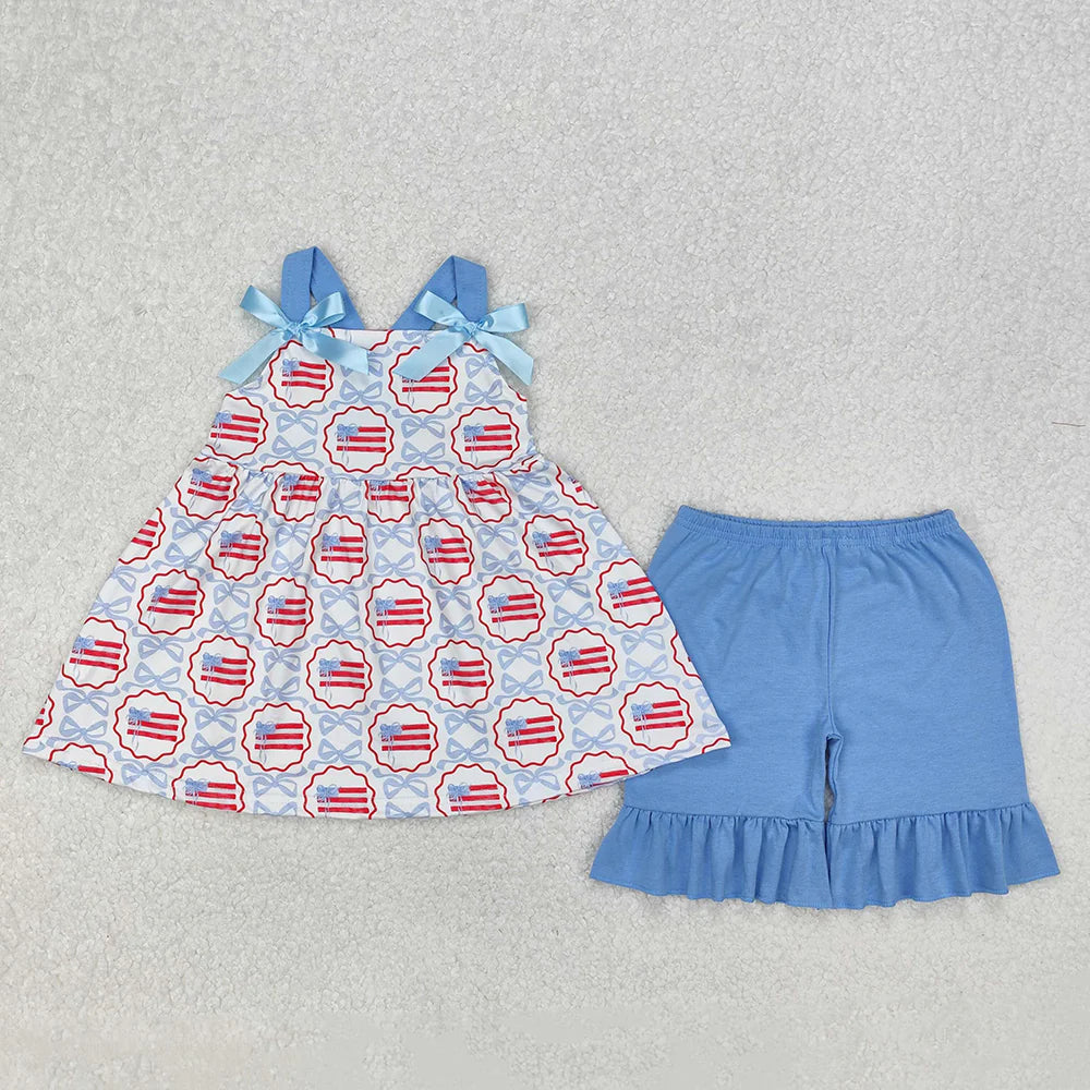 11.26 RTS Sibling Baby Girls Blue Bows Flag Rompers Outfits Sets