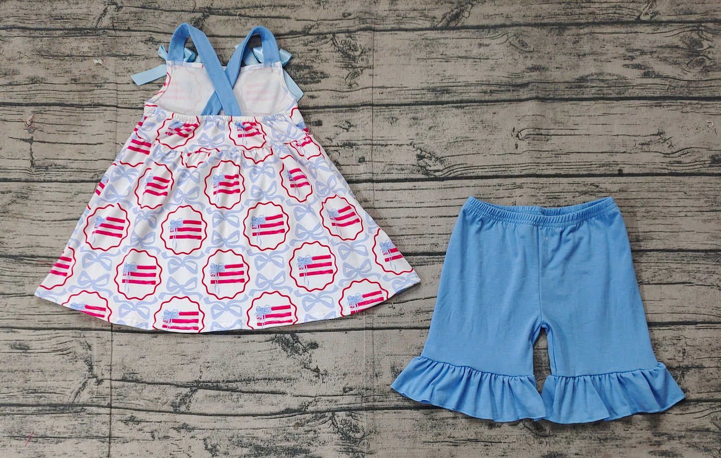 GSSO2074Girls’ Charming Blue Straps Bow Flag-themed 4th of July Dresses