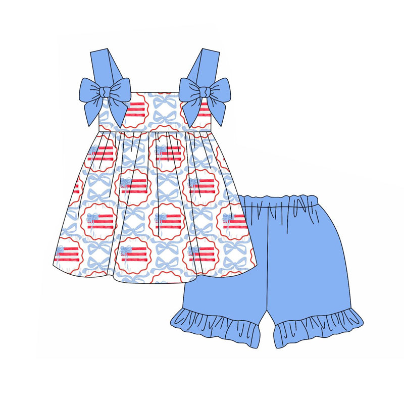 Blue straps bow flag kids girls 4th of july outfits