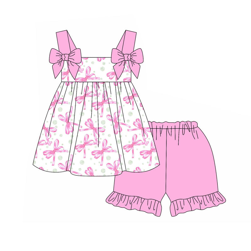 Baby Girls Pink Bows Straps Top Ruffle Shorts Clothes Sets