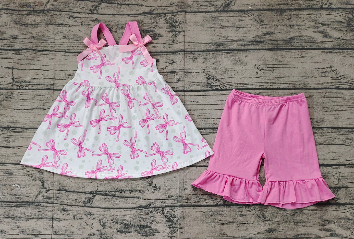 GSSO2075Girls Pink Straps Tunic Ruffle Shorts Clothing Set Cute Feminine Outfit for Little Girls