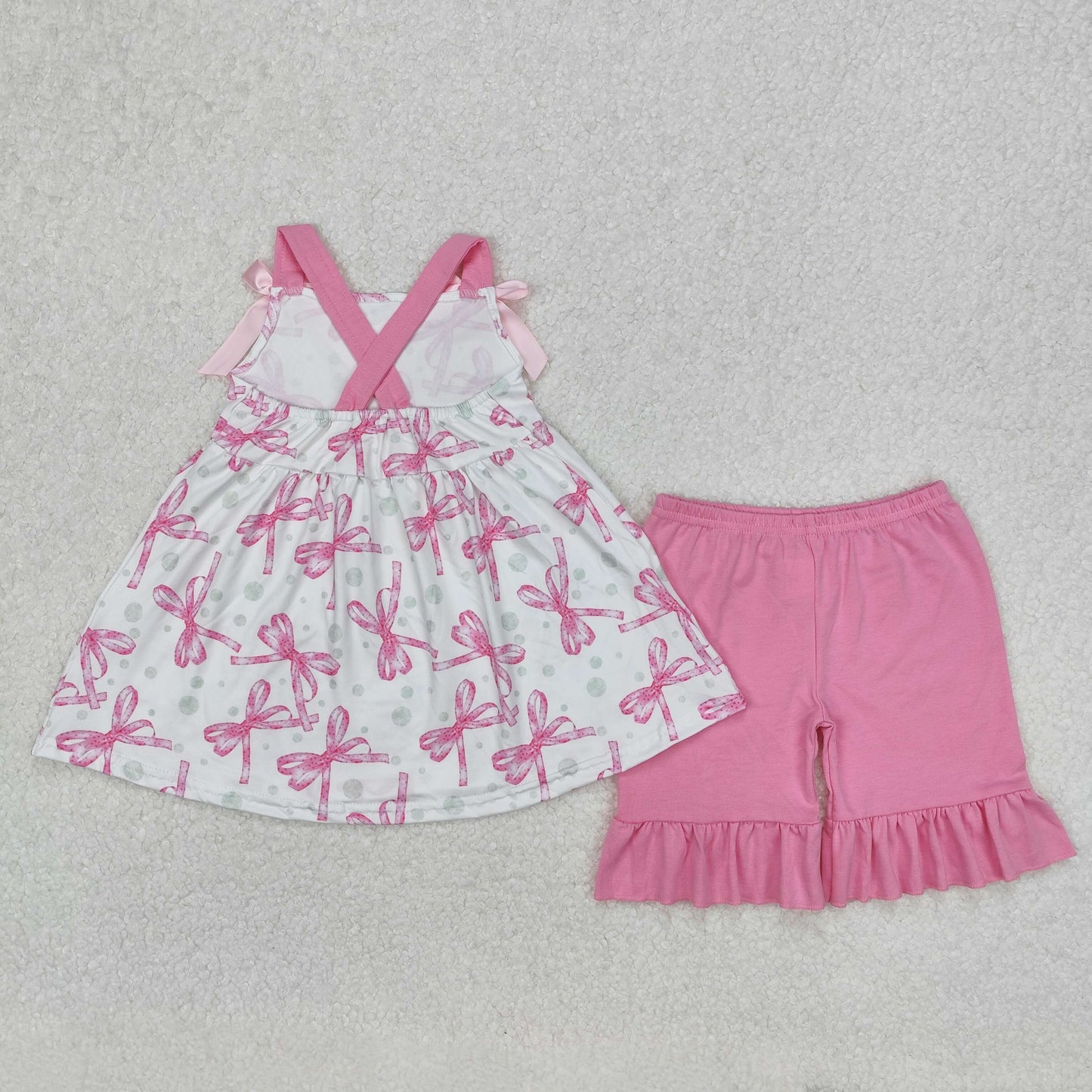 GSSO2075Girls Pink Straps Tunic Ruffle Shorts Clothing Set Cute Feminine Outfit for Little Girls