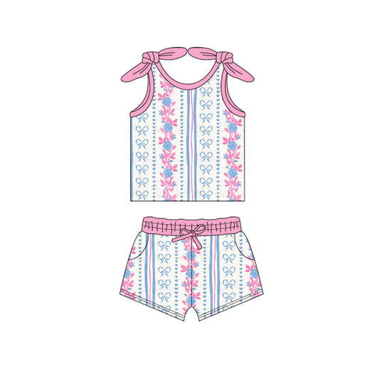 GSSO2076Baby Girls Stripes Bows Flowers Top Shorts Clothes Sets
