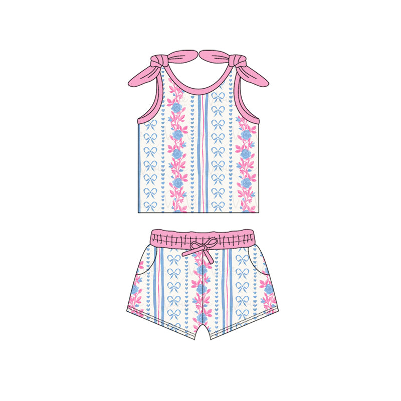 Sleeveless blue bow floral baby girls athletic dresses