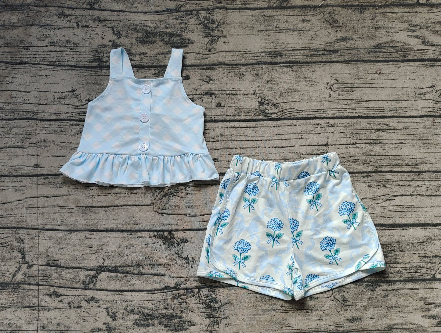 GSSO2078Girls Light Blue Plaid Straps Top Floral Bow Shorts Set Cute Preppy Outfit for Kids