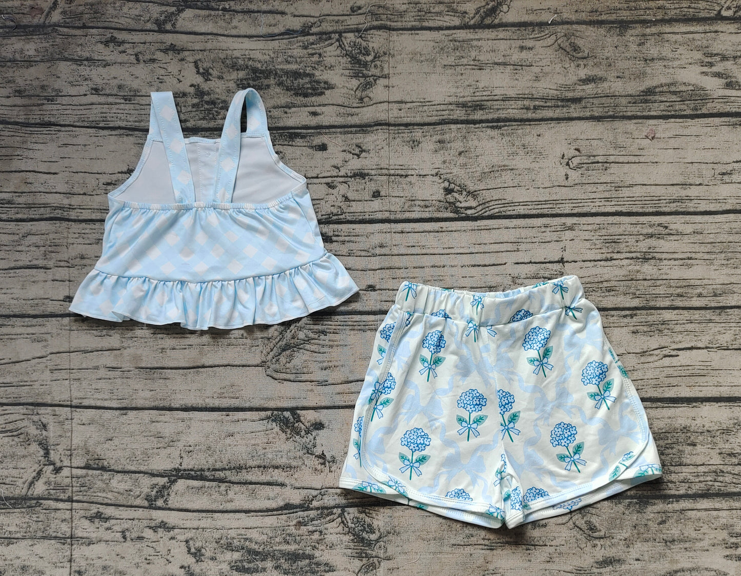 GSSO2078Girls Light Blue Plaid Straps Top Floral Bow Shorts Set Cute Preppy Outfit for Kids