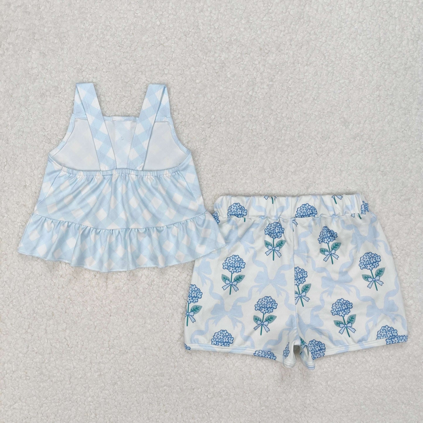 GSSO2078Girls Light Blue Plaid Straps Top Floral Bow Shorts Set Cute Preppy Outfit for Kids