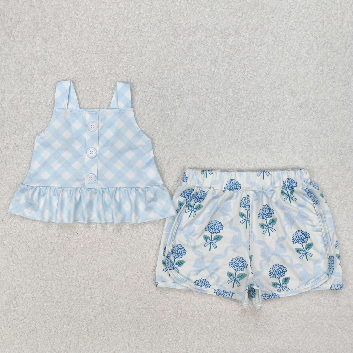 GSSO2078Girls Light Blue Plaid Straps Top Floral Bow Shorts Set Cute Preppy Outfit for Kids
