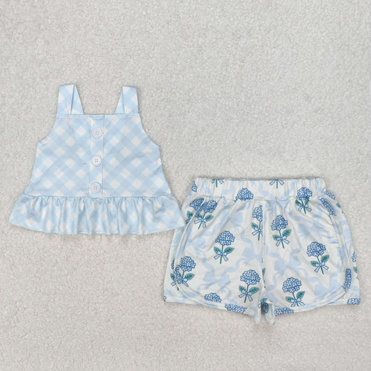 GSSO2078Girls Light Blue Plaid Straps Top Floral Bow Shorts Set Cute Preppy Outfit for Kids