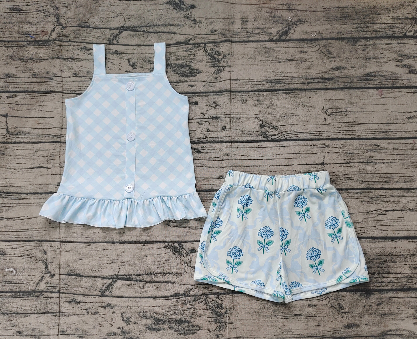 GSSO2078Girls Light Blue Plaid Straps Top Floral Bow Shorts Set Cute Preppy Outfit for Kids