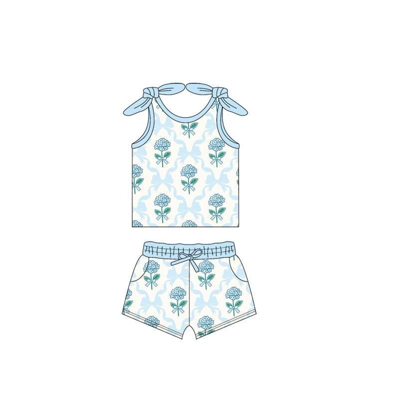 Sleeveless light blue bow floral baby girls athletic dresses