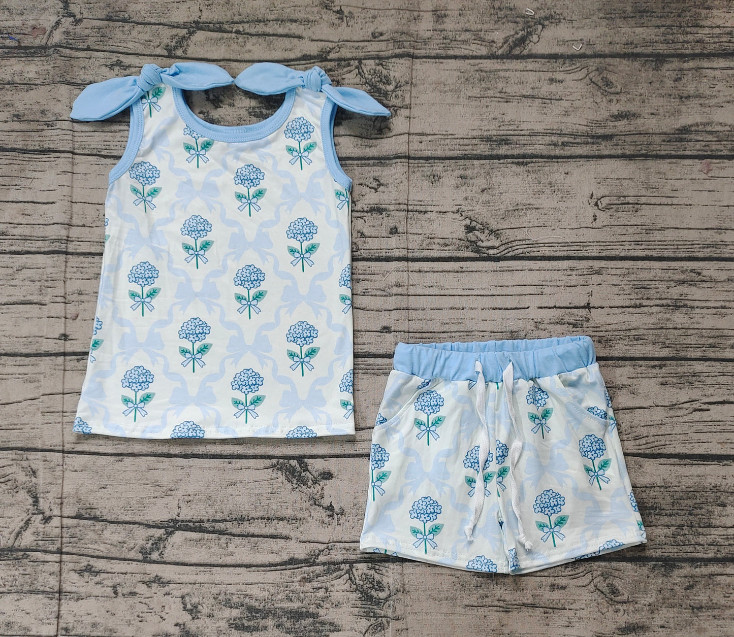 GSSO2079Kids Girls Light Blue Bow Floral Top Shorts Set Cute Floral Print Outfit for Little Girls Ages 4-12