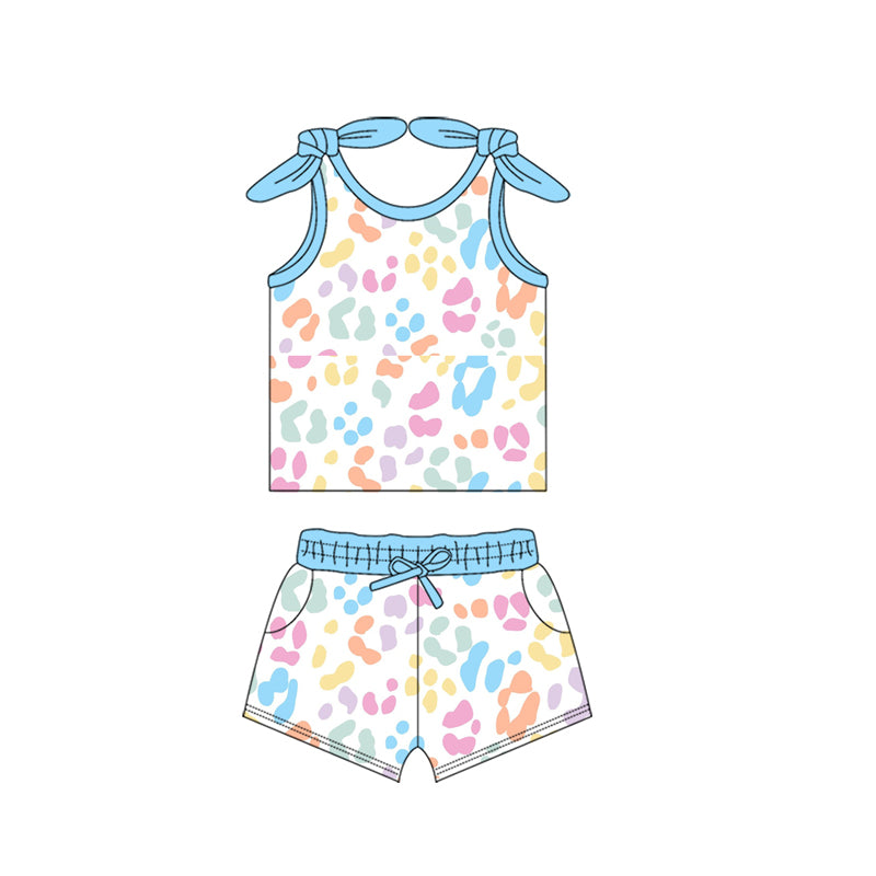 Baby Girls Blue Bows Strap Colorful Leopard Top Pocket Shorts Set