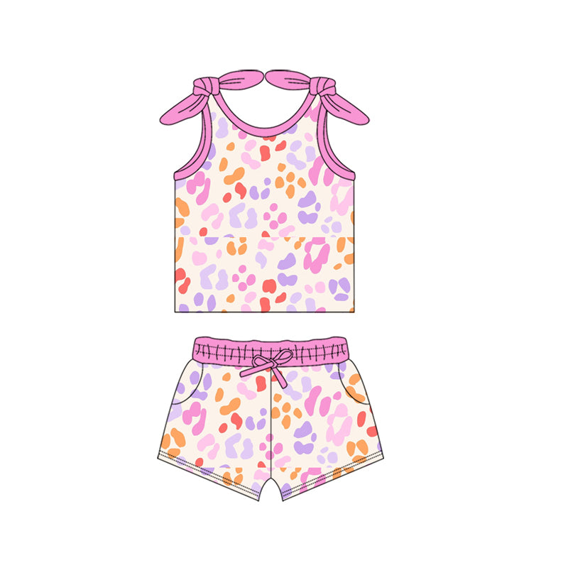 Baby Girls Blue Bows Strap Colorful Leopard Top Pocket Shorts Set