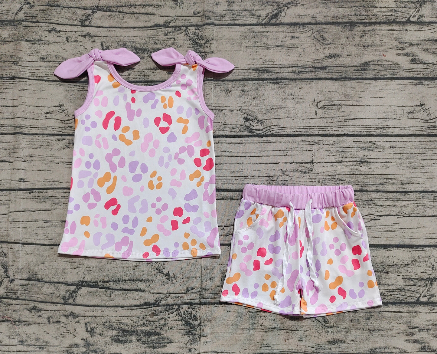 GSSO2081Kids Girls Pink Colorful Leopard Print Top Shorts Set Cute Animal Pattern Children's Clothing Outfit