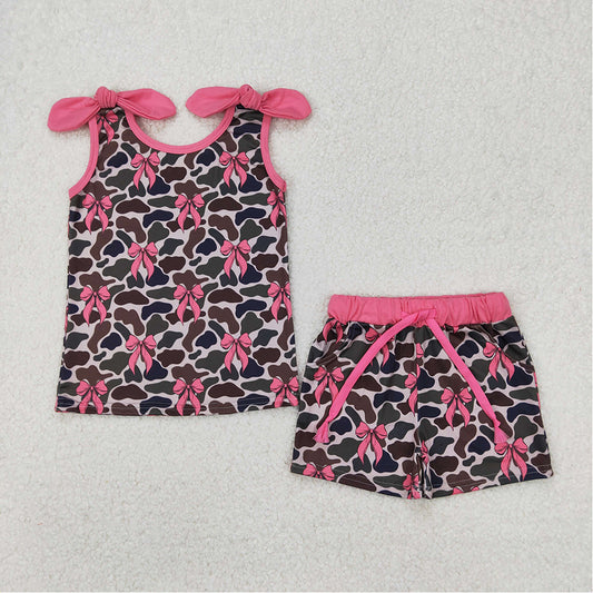 6.24  GSSO2083 RTS NO MOQ Sleeveless pink bow camo top shorts girls clothes