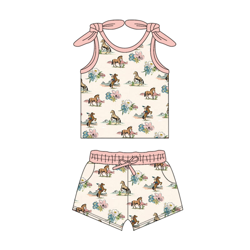 Baby Girls Western Horse Rodeo Flowers Bow Top Shorts Clothes Sets