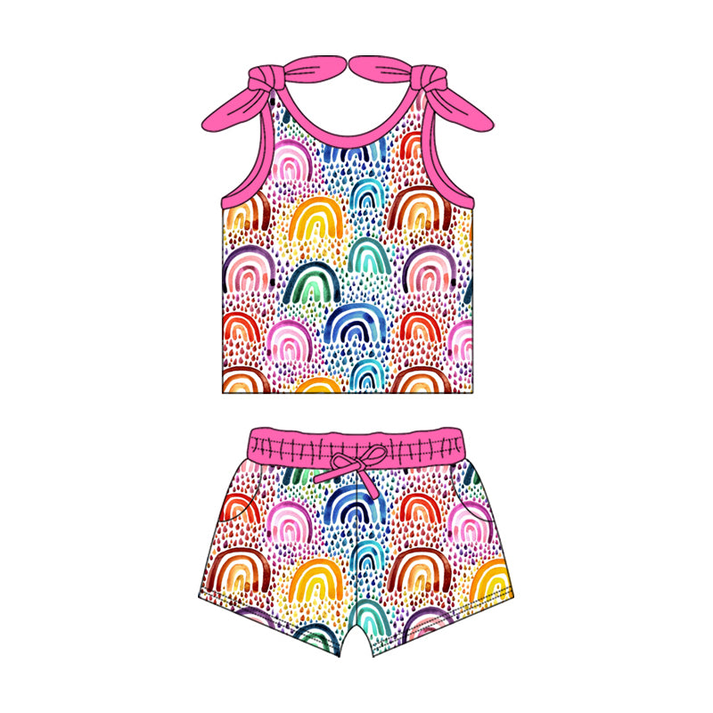 Baby Girls Pink Bows Strap Colorful Rainbows Polka Dots Top Pocket Shorts Set