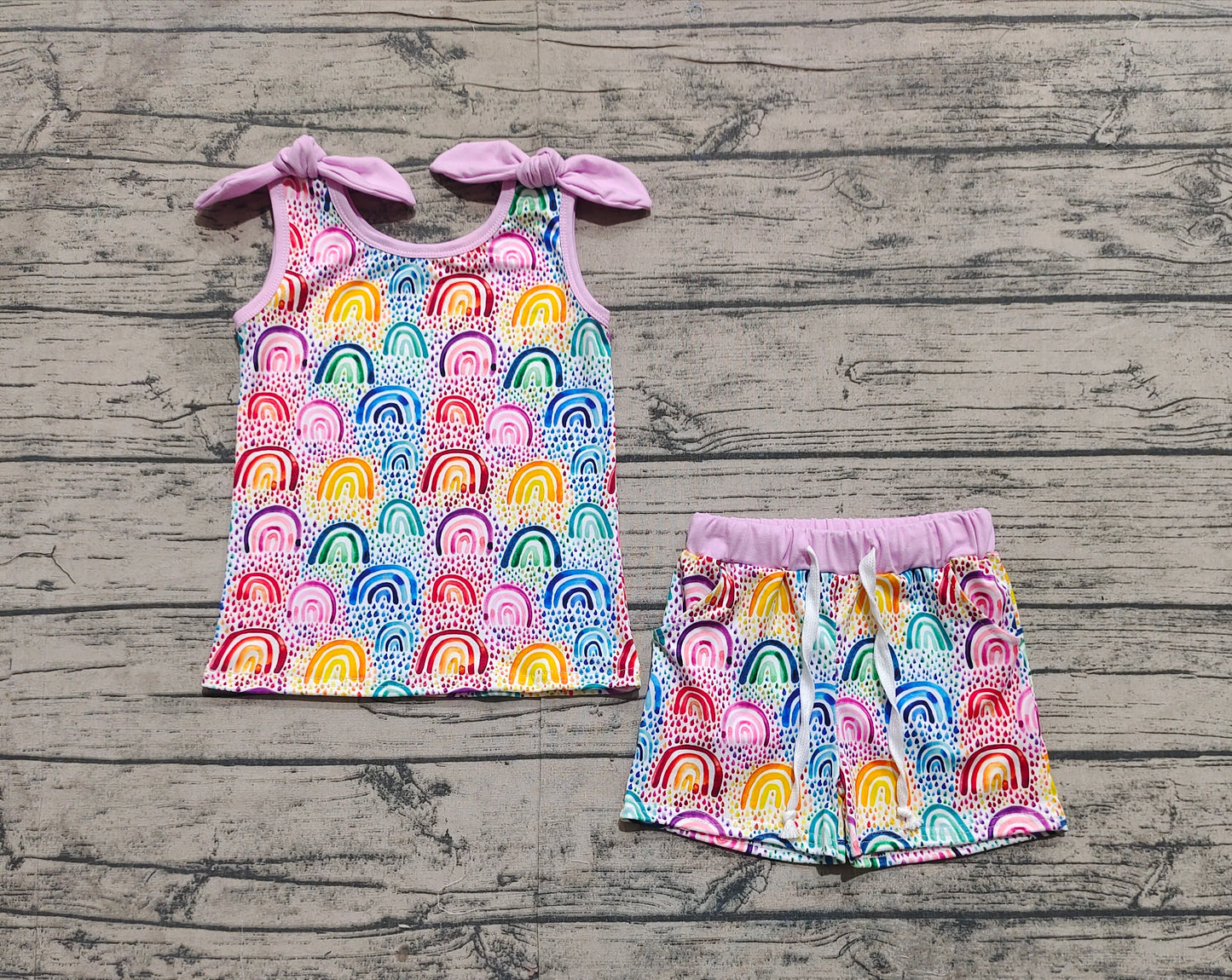 GSSO2085Girls Sleeveless Rainbow Top Shorts Set Colorful Clothing Outfit for Kids