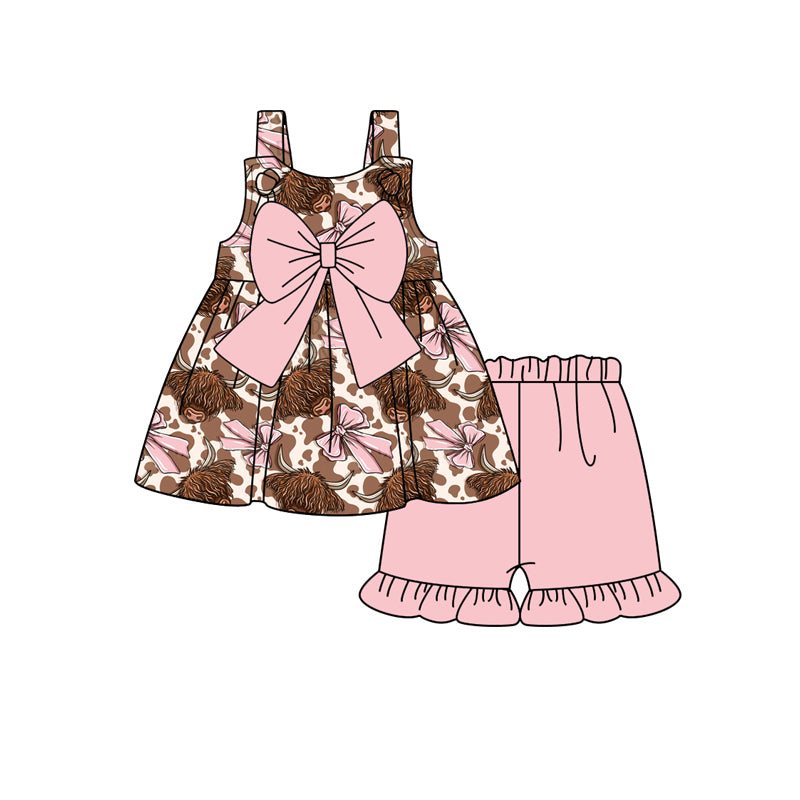 Baby Girls Bows Highland Cow Tunic Top Ruffle Shorts Clothes Sets