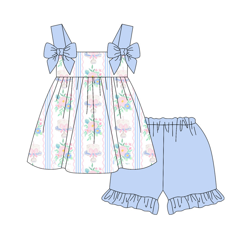 Baby Girls Blue Bows Strap Floral Stripe Tunic Ruffle Short Set