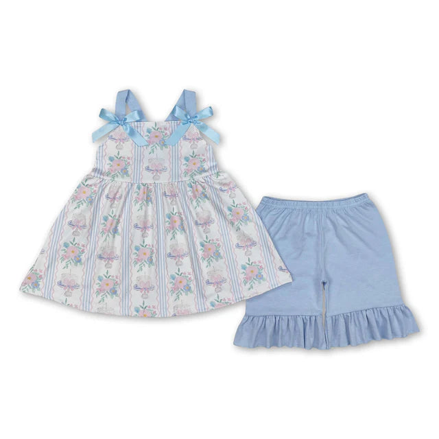 RTS Sibling Light blue straps floral cake bow Happy Birthday girls clothes dress and romper
