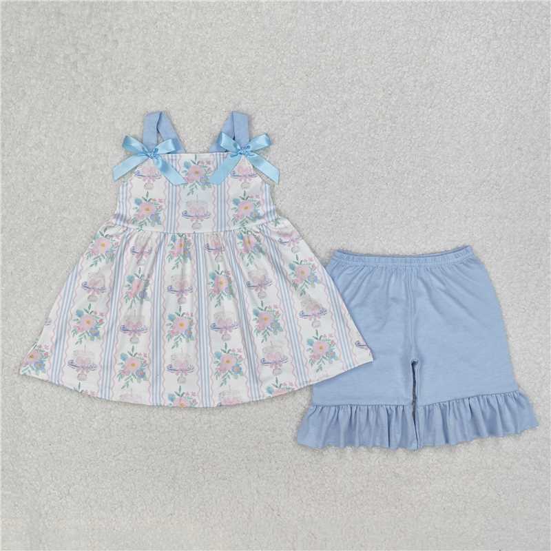 6.05 Light Blue Straps Floral Cake Bow Girls Birthday Clothes Cute Floral Design Strap Happy Birthday Girls Outfit
