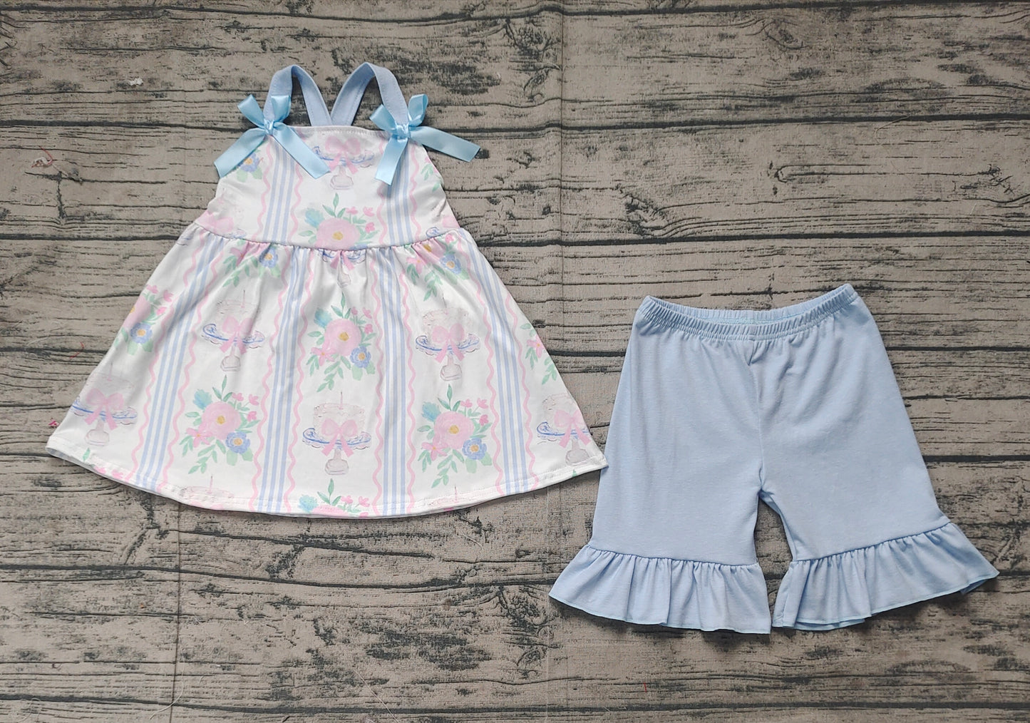 GSSO2087Fashionable Light Blue Straps Floral Cake Bow Clothes for Girls’ Birthdays