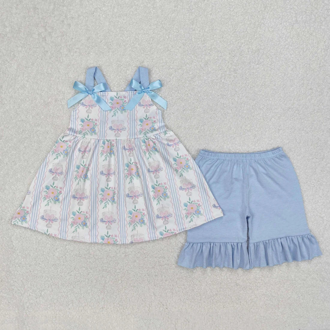 10.3 RTS Sibling Baby Girls Straps Floral Tunic Ruffle Shorts Summer Clothes Sets