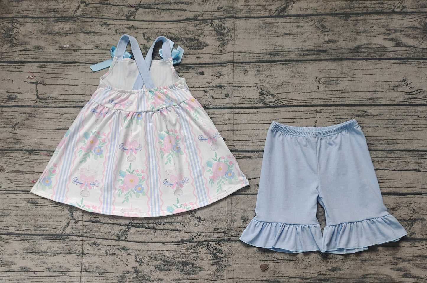 GSSO2087Fashionable Light Blue Straps Floral Cake Bow Clothes for Girls’ Birthdays