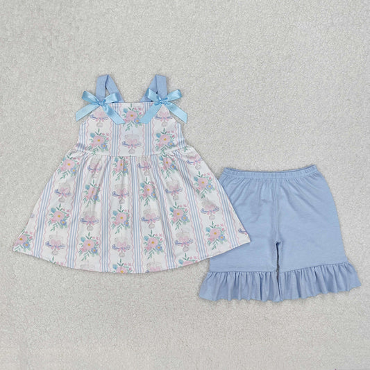 GSSO2087Light Blue Straps Floral Cake Bow Girls Birthday Clothes Cute Feminine Design for Children's Party Outfit
